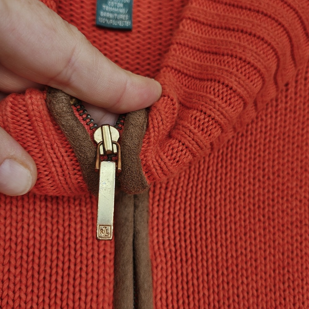 Ralph Lauren Vintage Y2K Burnt Orange Ribbed Knit Zip Up Sweater Preppy Sz Large - Picture 4 of 10